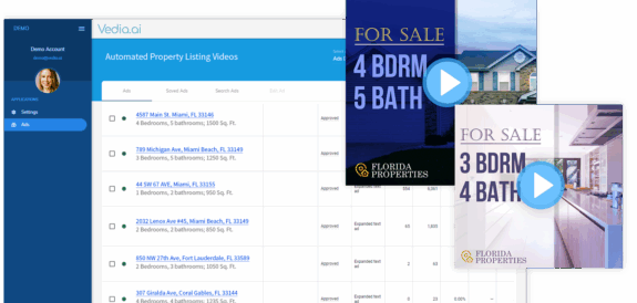 Real estate software interface displaying automated video ads for property listings