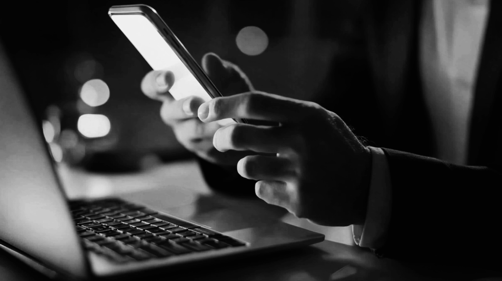 Businessperson using smartphone and laptop, symbolizing digital media workflows.
