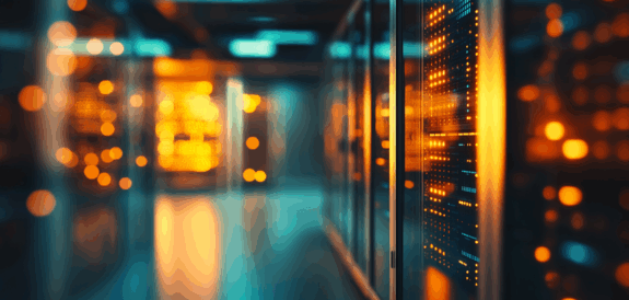 Glowing data center hallway with illuminated server racks, representing developer infrastructure and scalable API integration.