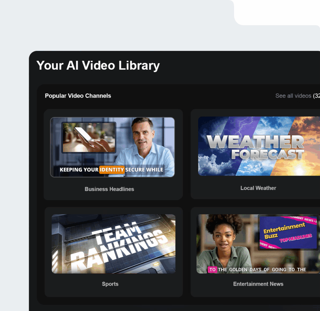 AI-powered video library interface displaying categorized video feeds for business, weather, sports, and entertainment.