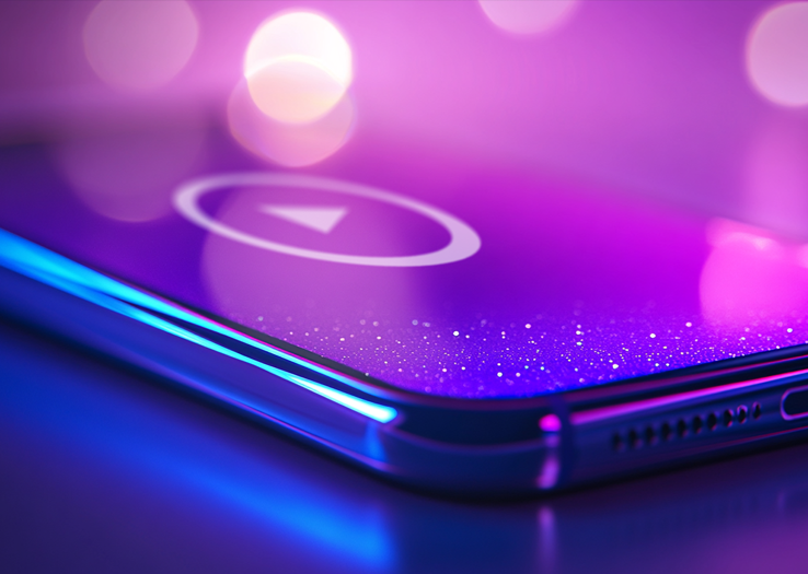 Close-up of a glowing smartphone screen with a play button icon, symbolizing on-demand video content.