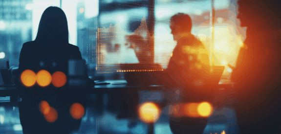 Silhouetted marketers analyzing digital engagement data on high-speed video content interface