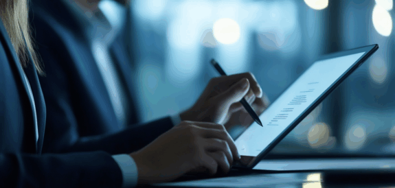 Business professionals reviewing a digital document on a tablet, representing AI-powered enterprise video solutions.