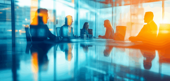 Blurred image of a business team in a modern glass-walled meeting room during sunset, symbolizing content transformation workflows for publishers.