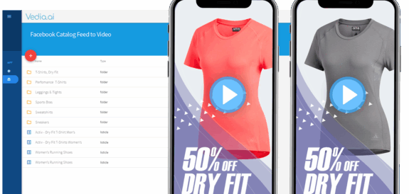 Mobile screens displaying automated product video ads generated from a Facebook catalog feed using Vedia's AI platform.