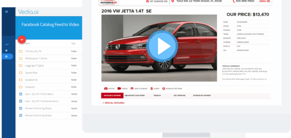 Dashboard interface showing Vedia.ai Facebook Catalog Feed to Video automation and dynamically generated product video ads