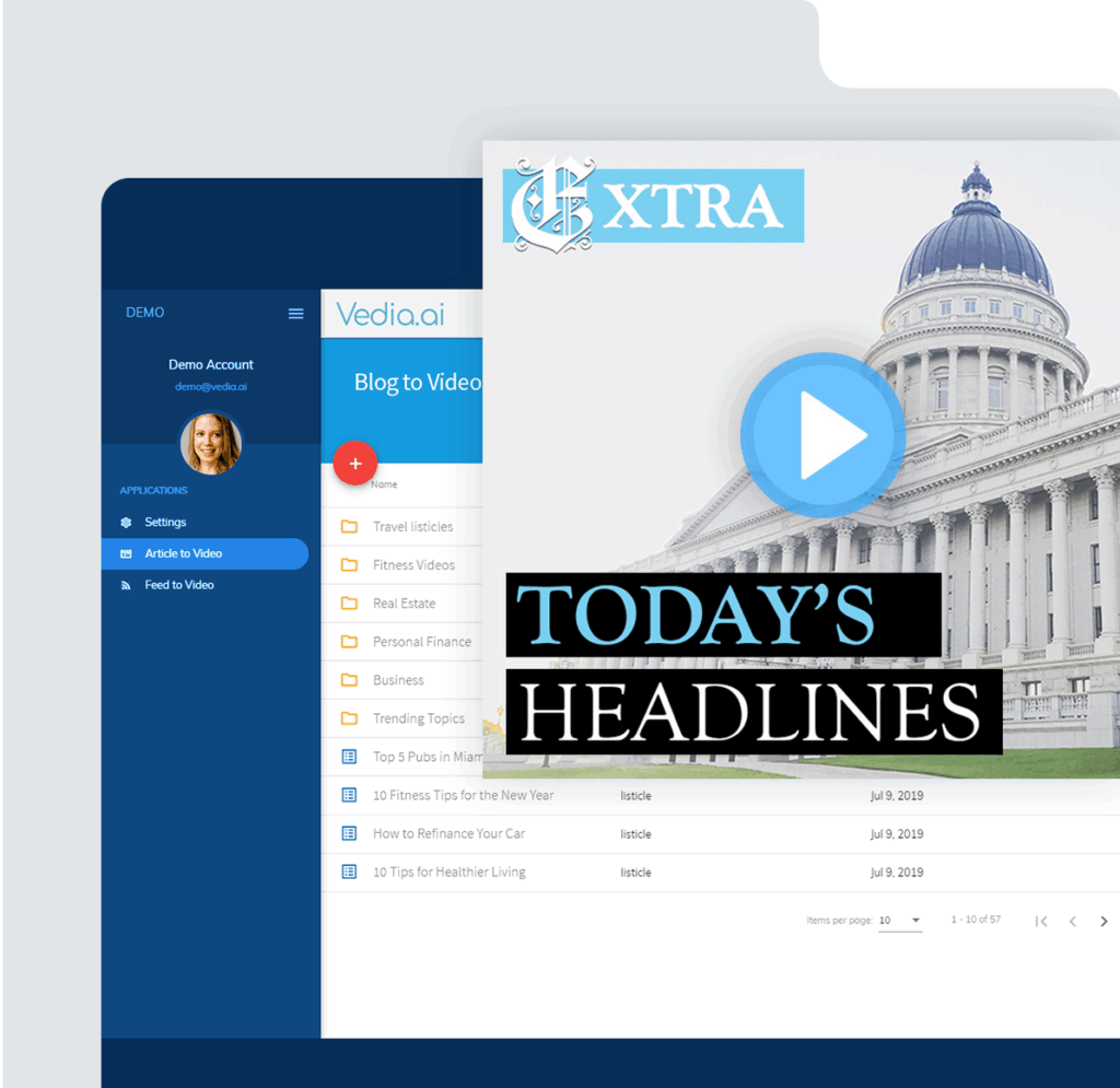 Turn articles, blogs, and data into thousands of on-brand videos with Vedia. From feed-to-video automation to social-ready formats, Vedia streamlines video content creation for publishers and marketers at scale.