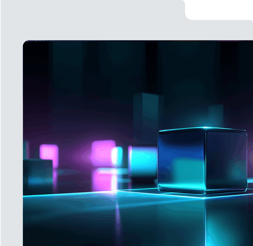 Futuristic neon cubes floating in a digital space, symbolizing modular, scalable video content creation with AI.