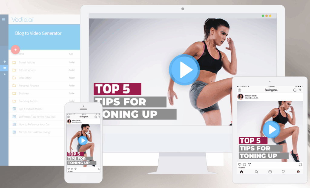 Vedia platform displaying a blog-to-video generator with previews of fitness video formatted for desktop and social media.