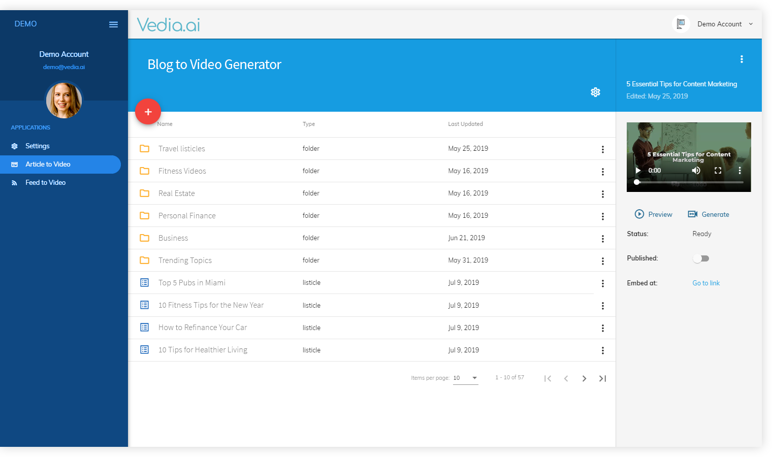 Use Vedia to streamline your video marketing efforts and create videos from your existing content.