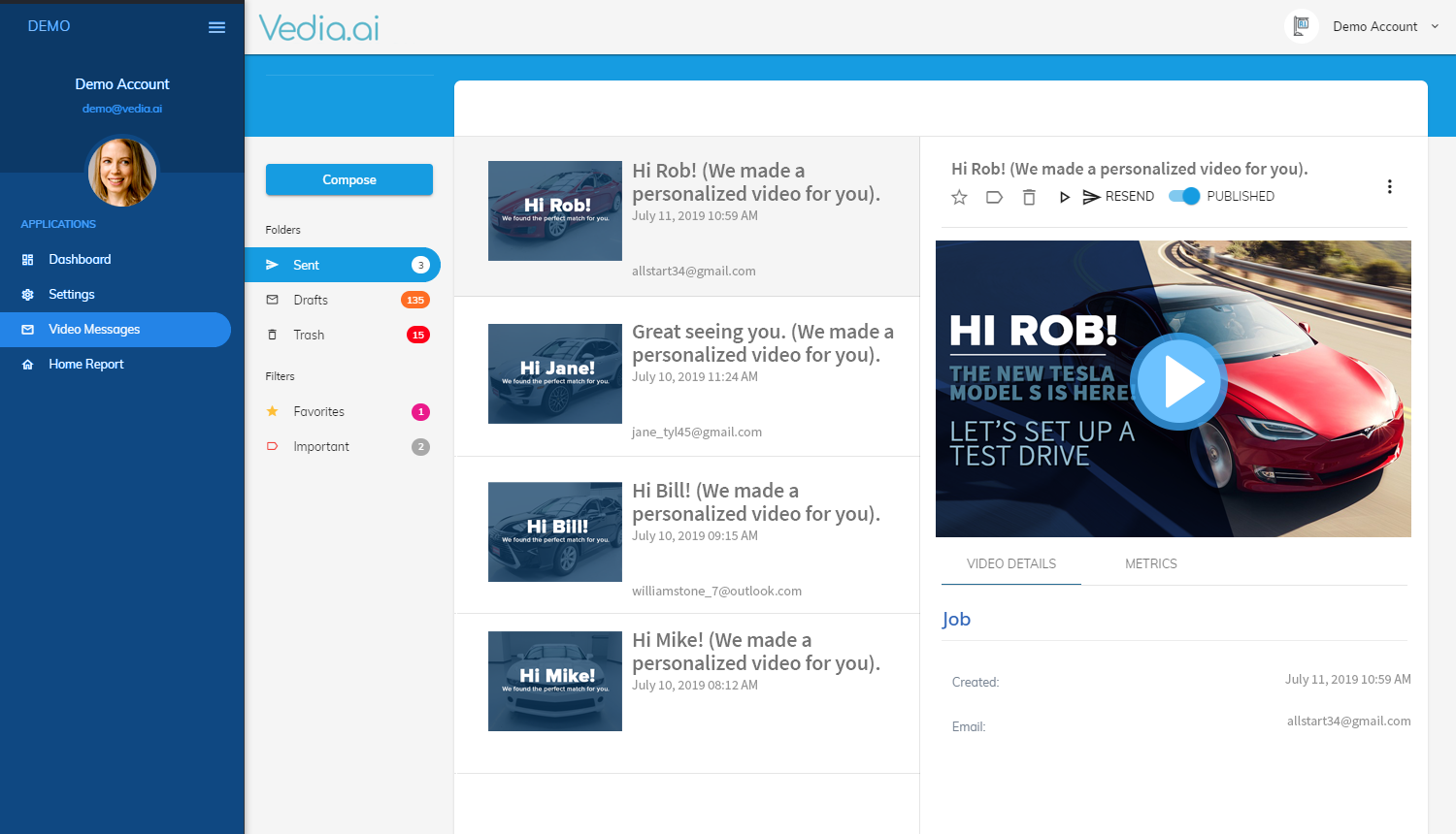 Vedia's dashboard allows you to use your CRM data to create hyper-personalized videos to engage and empower users.